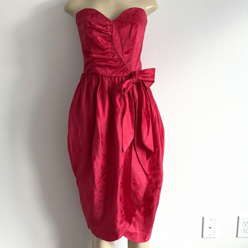 TD4 by Eletra Floral Jacquard Dress 11/12 Red 80s Vintage Strapless Prom Bow